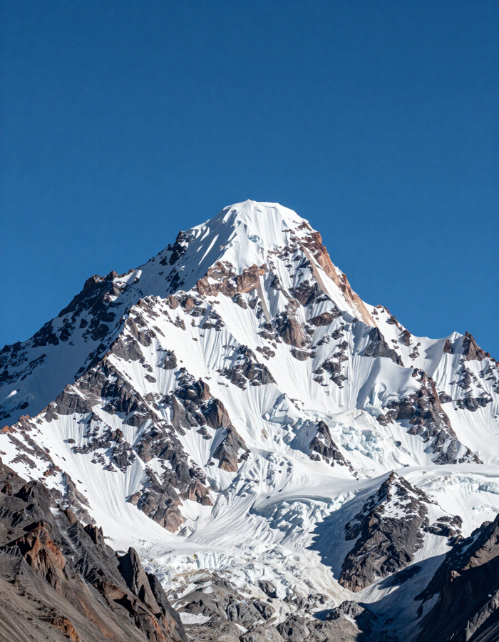 Cima de montaña cubierta de nieve bajo un cielo azul despejado