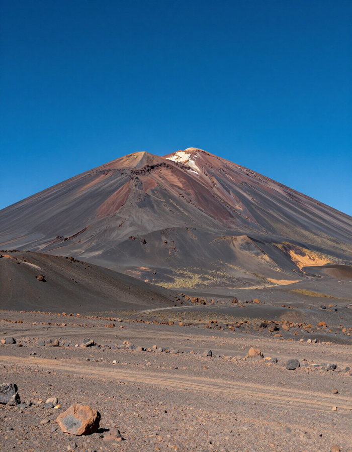 Un volcán nevado se alza sobre un desierto rocoso y árido bajo un cielo azul despejado