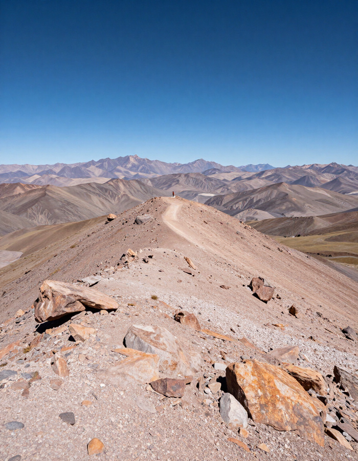 Cresta desértica rocosa bajo un cielo azul despejado, con montañas lejanas al fondo