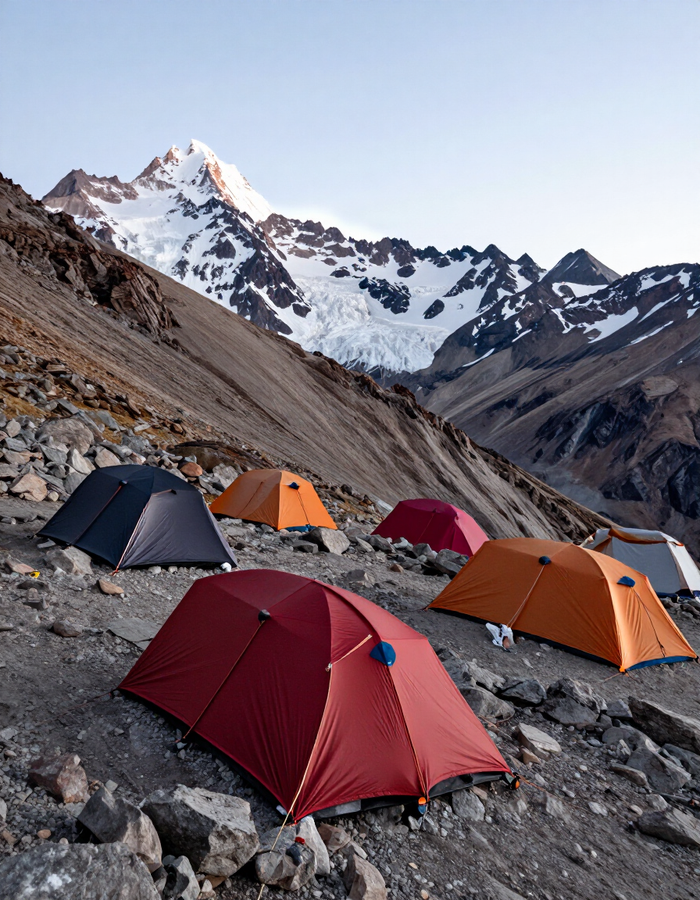 Tiendas de campaña de colores en una ladera alpina rocosa, con montañas nevadas al fondo.