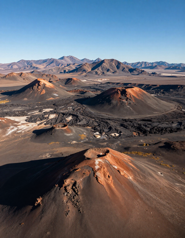 Conos volcánicos de escoria y paisaje desértico rocoso bajo un cielo azul despejado