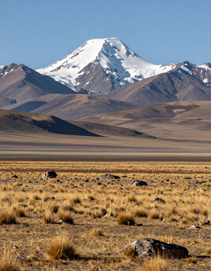 Montaña nevada sobre una llanura de pastizales secos, con colinas marrones a lo lejos bajo un cielo azul despejado