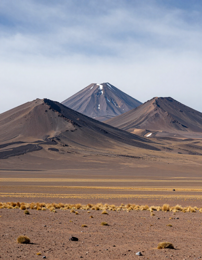 Paisaje desértico árido con una montaña nevada bajo un cielo despejado