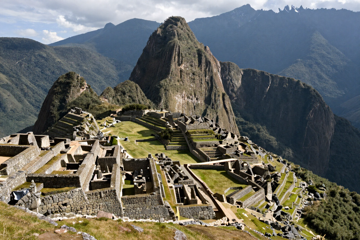 Ruinas de Machu Picchu con terrazas y edificios de piedra al pie de un escarpado pico montañoso de los Andes