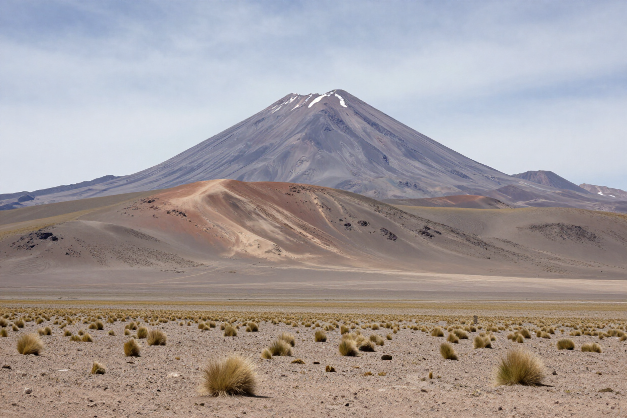 Paisaje árido con una montaña nevada y escasos arbustos desérticos bajo un cielo nublado