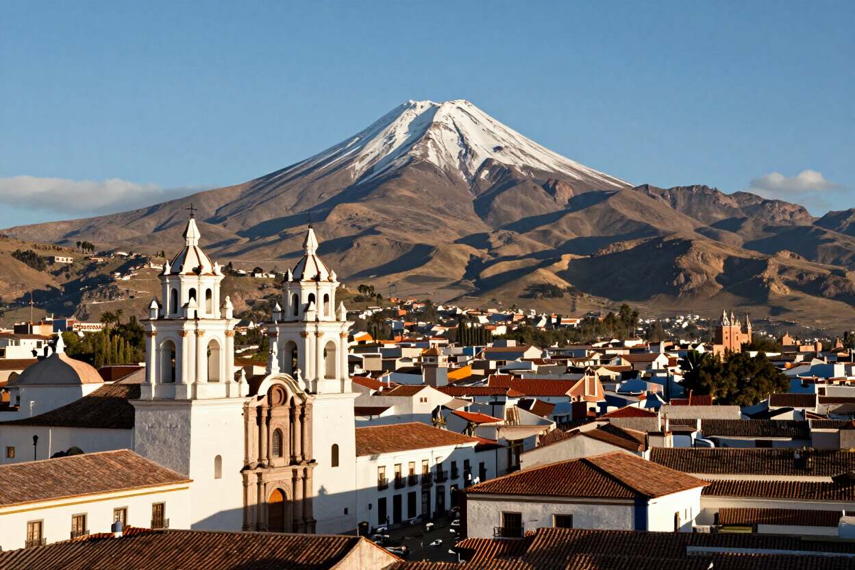 Volcán cubierto de nieve que domina un pueblo con torres de iglesias blancas y tejados de tejas rojas bajo un cielo azul