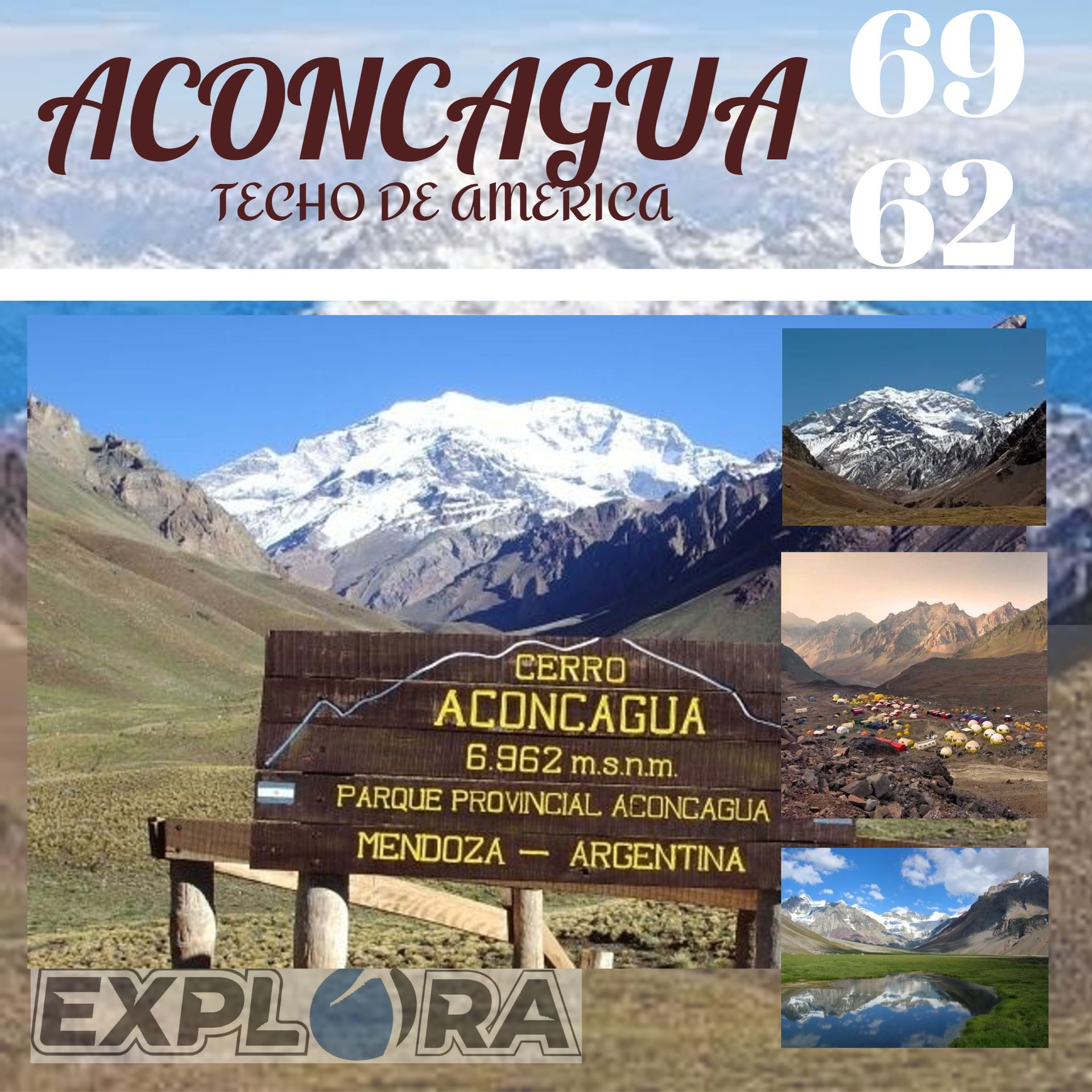 Collage del monte Aconcagua con el cartel de la cumbre, un pico nevado y la marca turística «Explora» en Argentina