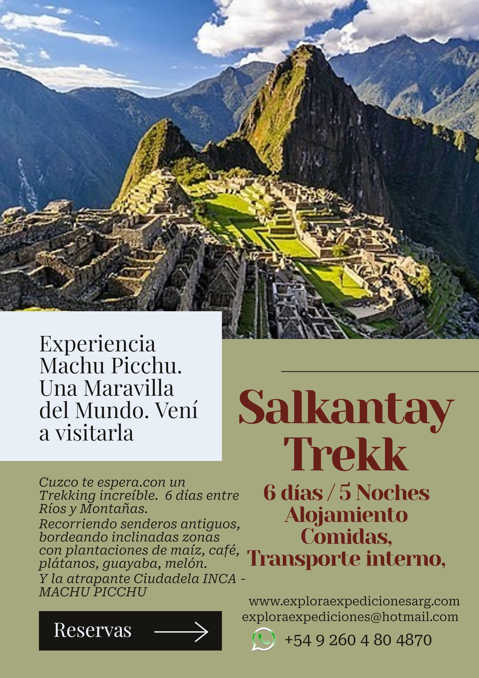 Anuncio de viaje a Machu Picchu con ruinas en la montaña y texto sobre el Trekking Salkantay, las comidas.