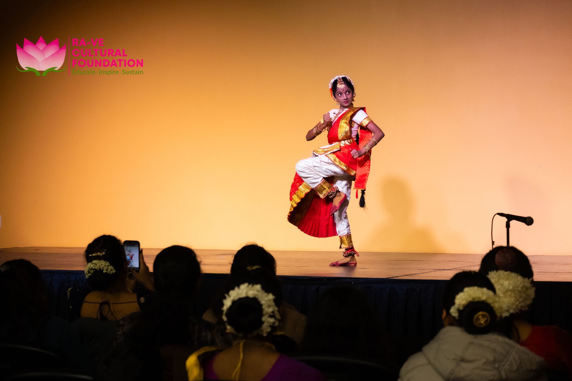 Dancer in red and gold costume performing onstage under warm lighting, with audience silhouettes below