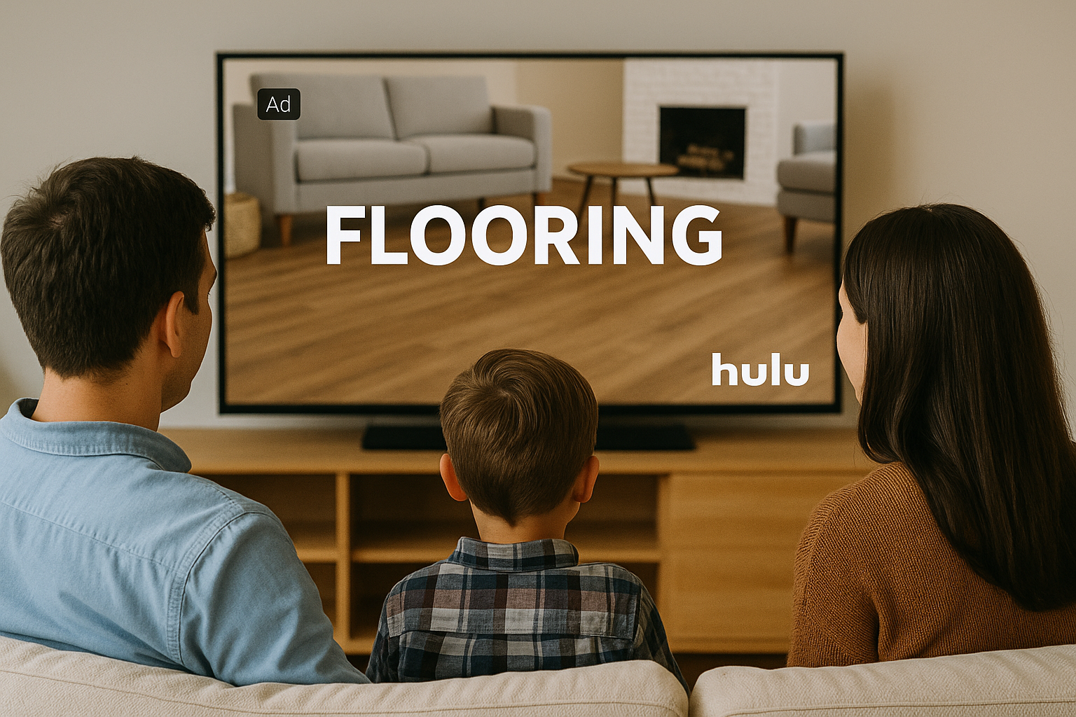 Family watches TV; adtitle is 
