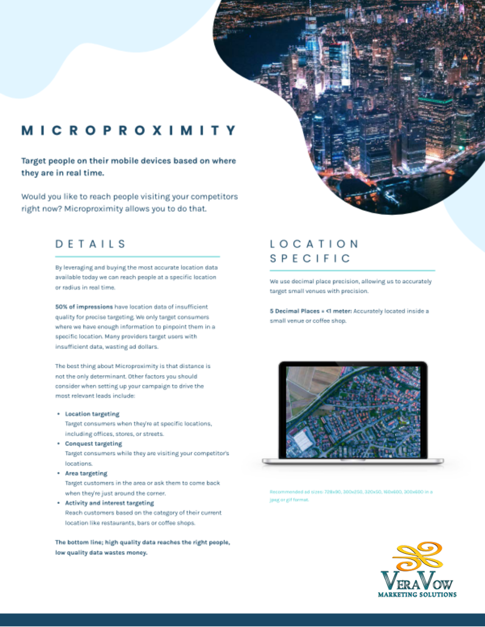 Brochure about microproximity for mobile devices. Features a city skyline, laptop showing map, and white/teal text.