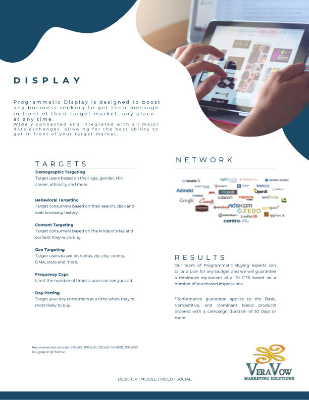 Download a copy Blue flyer with digital display details and a person using a tablet.