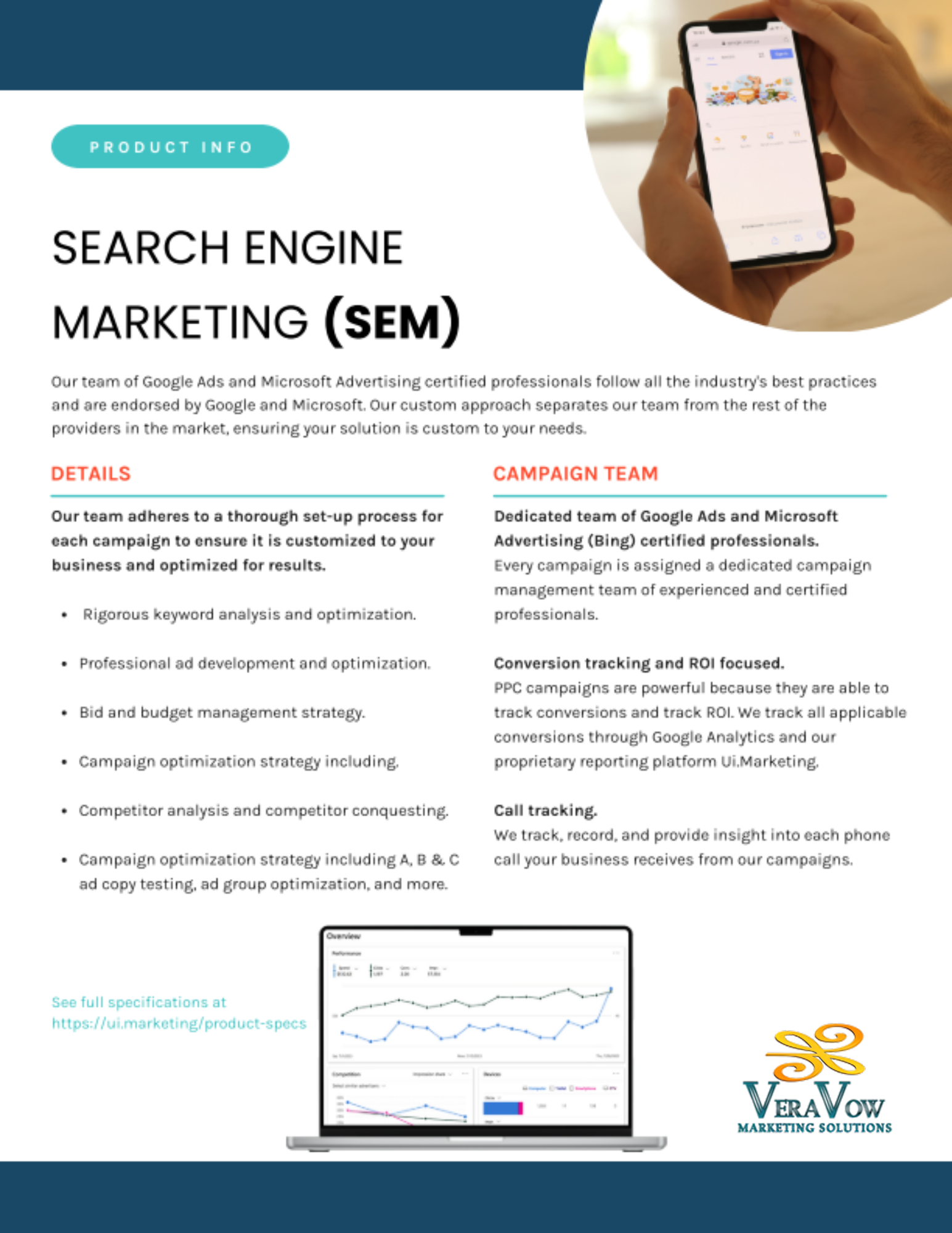 Product info about Search Engine Marketing (SEM) with laptop, phone, and the Vera Vow logo.