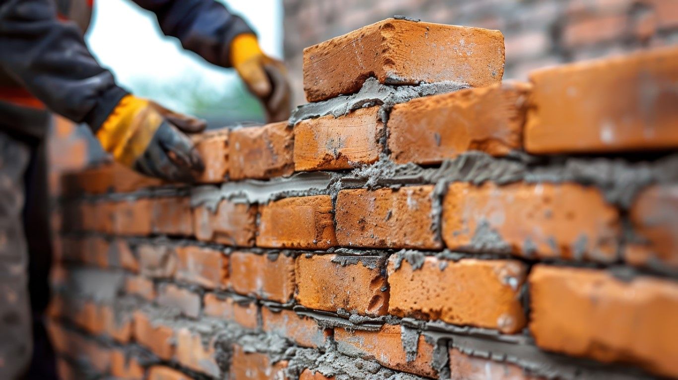 Workers laying orange bricks on a wall at a construction site