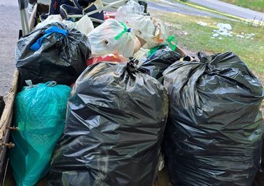 Several large trash bags piled along a curb beside a road
