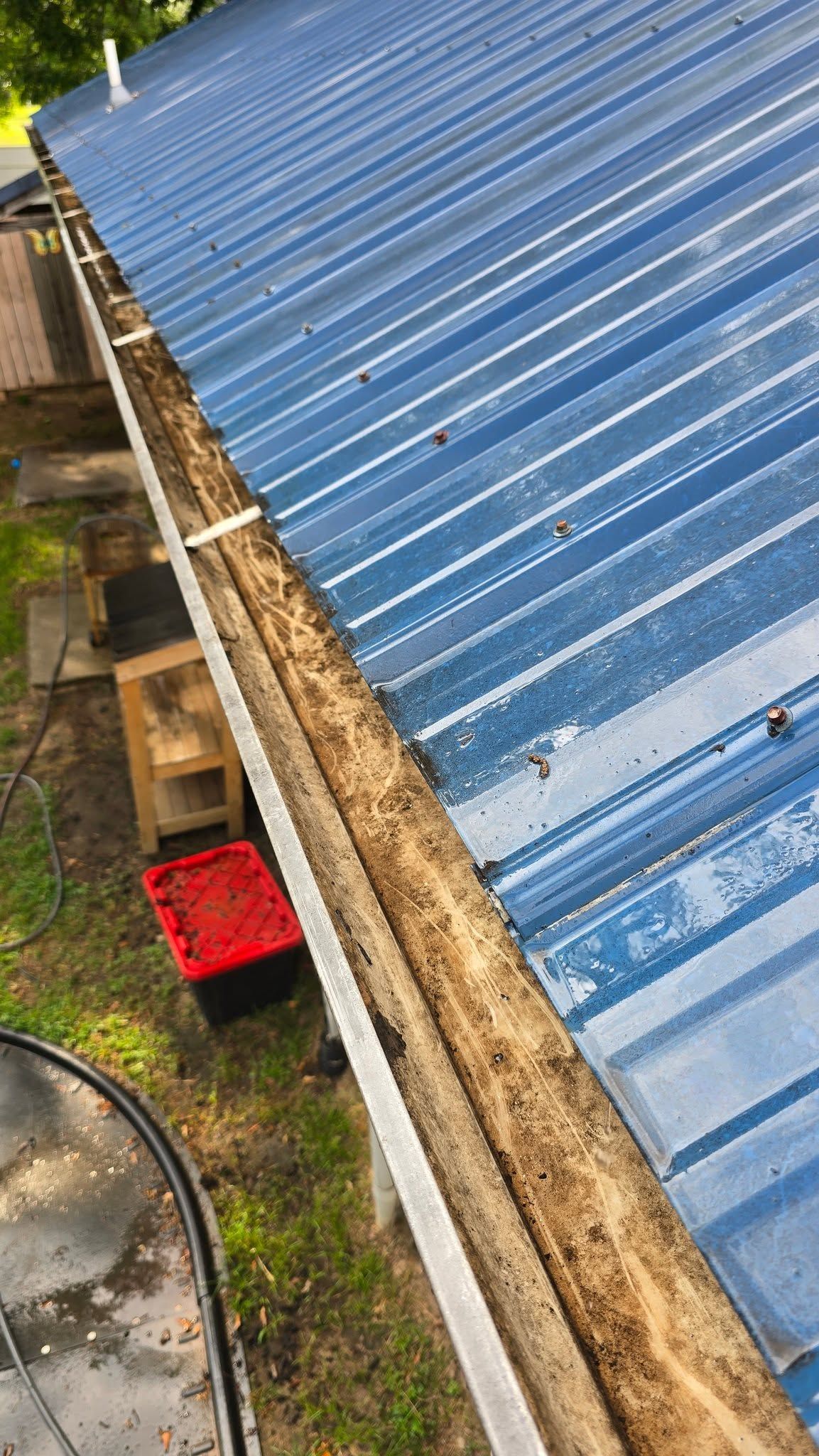 Blue corrugated roof viewed from above, with a narrow ground strip, hose, and a red container below