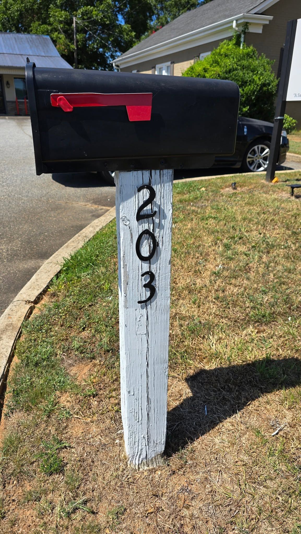 Black mailbox on a white post with house number 203 in a suburban driveway