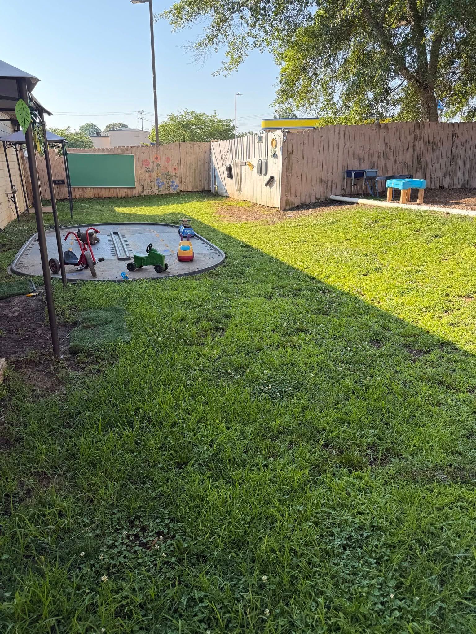 Sunlit backyard with green lawn, tan fence, trees, and a small play mat with toys near the patio