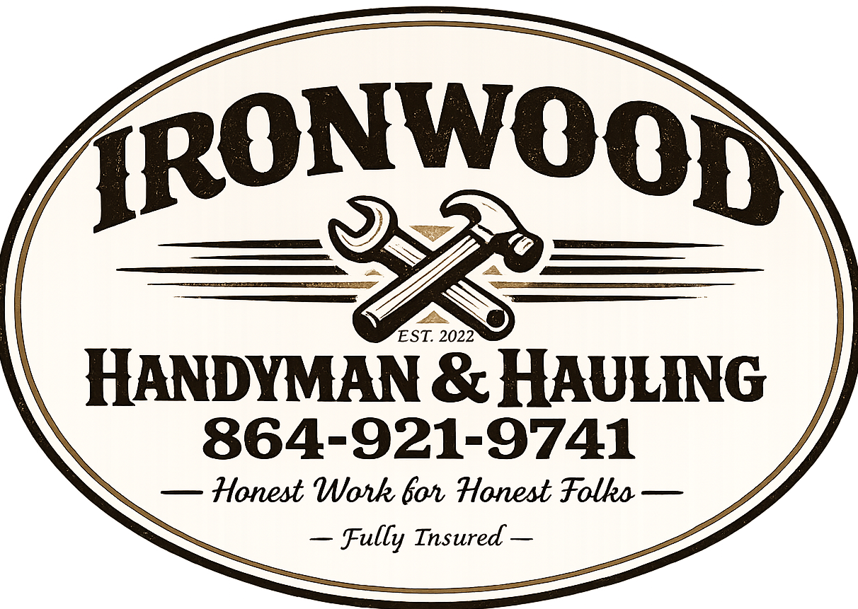 Ironwood Handyman & Hauling logo with crossed tools, phone number, and slogan on cream oval sign