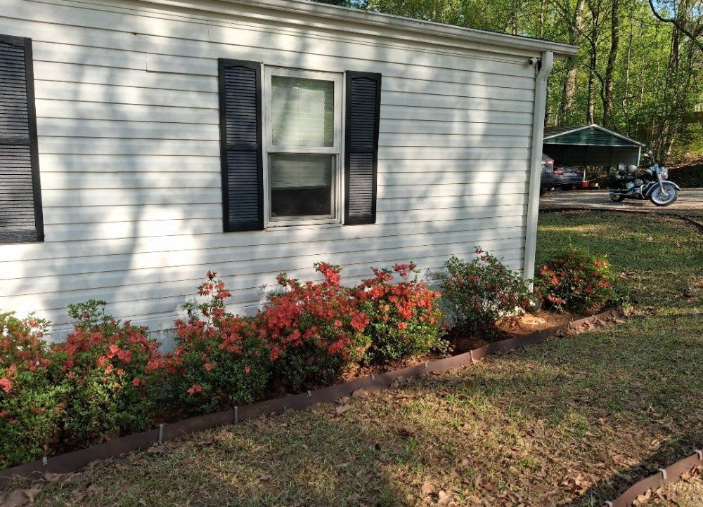 White house exterior with black shutters, red flowers along the foundation, and a lawn in front