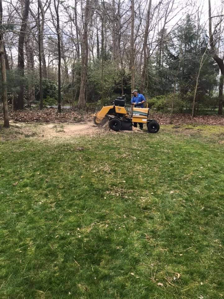 A man is driving a stump grinder in a lush green field.