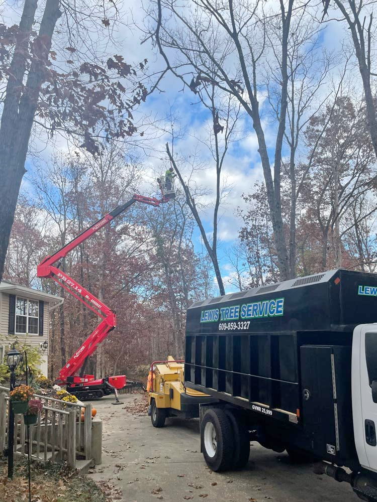 A dump truck with a crane attached to it is parked in front of a house.