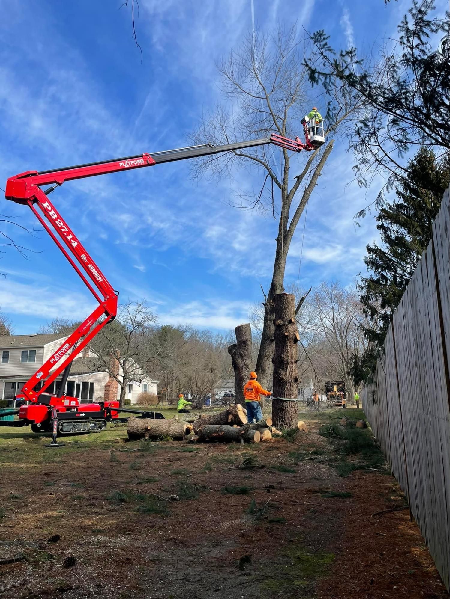 A crane is cutting down a tree in a yard.