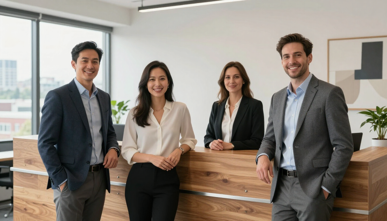 Four professionals in business attire stand and smile behind a wooden reception desk in a modern, bright office.