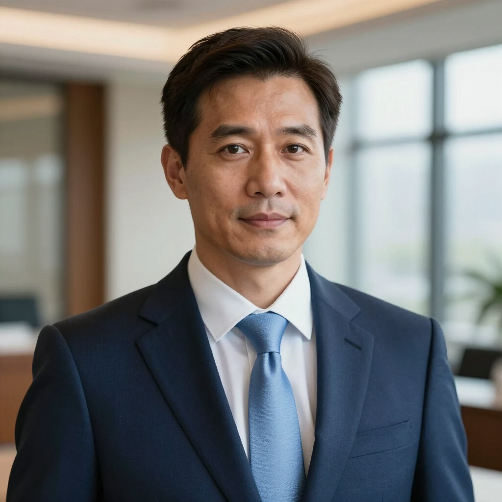 Professional headshot of a person in a navy suit and light blue tie, standing in a brightly lit office setting.