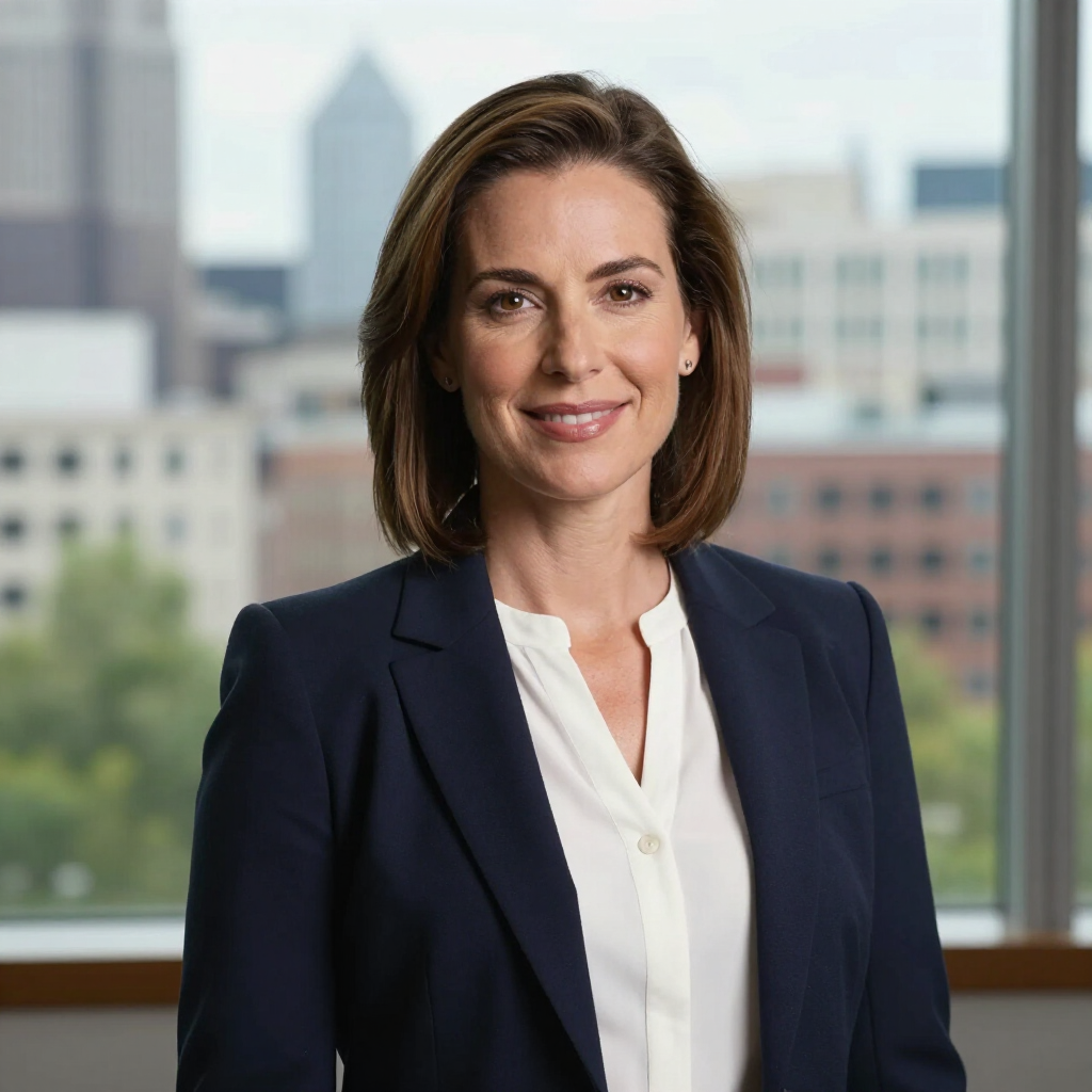 A person with shoulder-length brown hair smiles, wearing a white button-down shirt and navy blazer in an office setting.