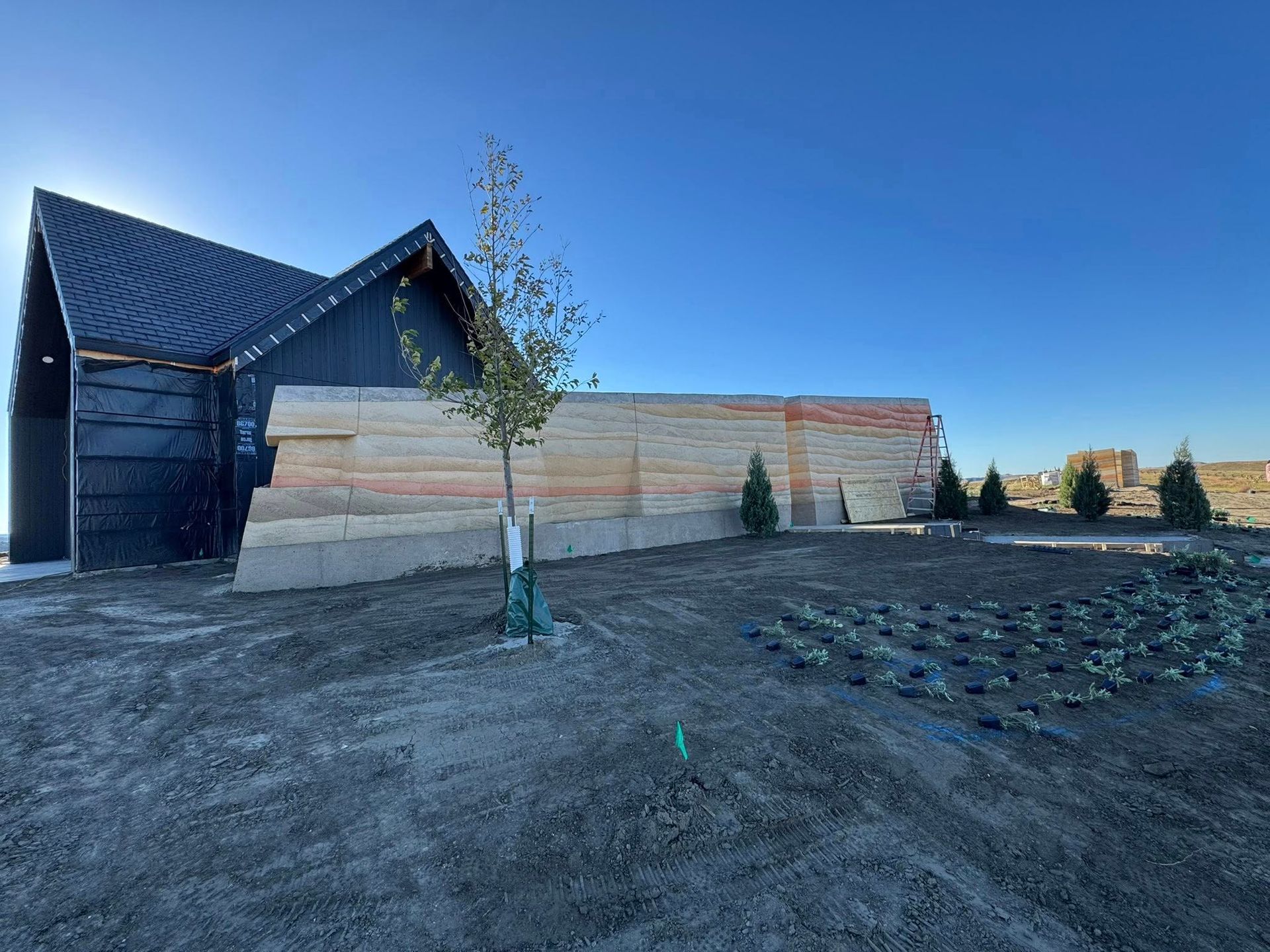 Modern building with dark roof, light walls, and a small tree in front on a dirt lot under a clear blue sky