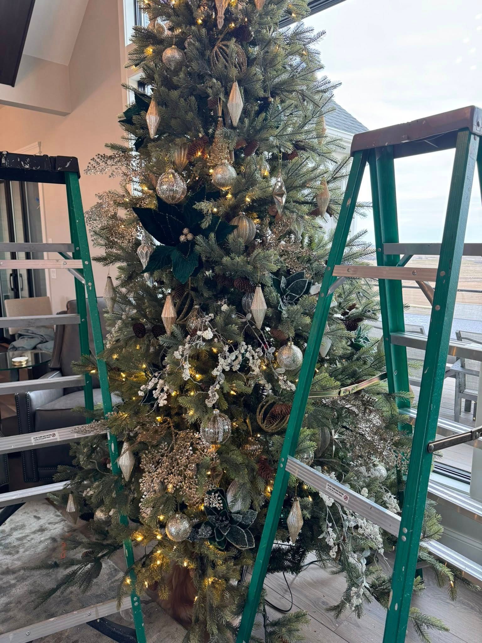 Tall decorated Christmas tree surrounded by green ladders on an outdoor patio