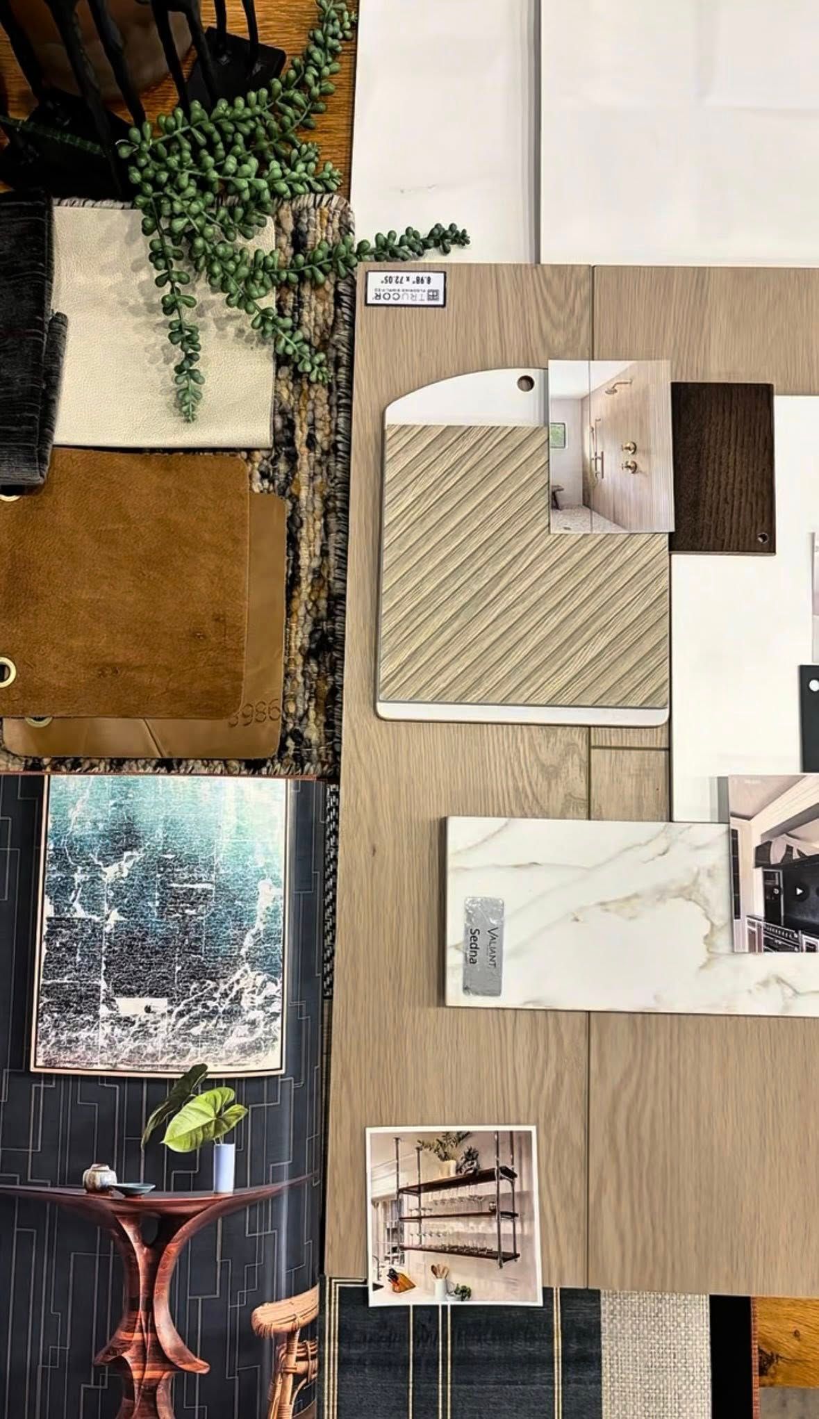 Collage of interior design swatches and lifestyle photos on a corkboard with woven textures and plant accents