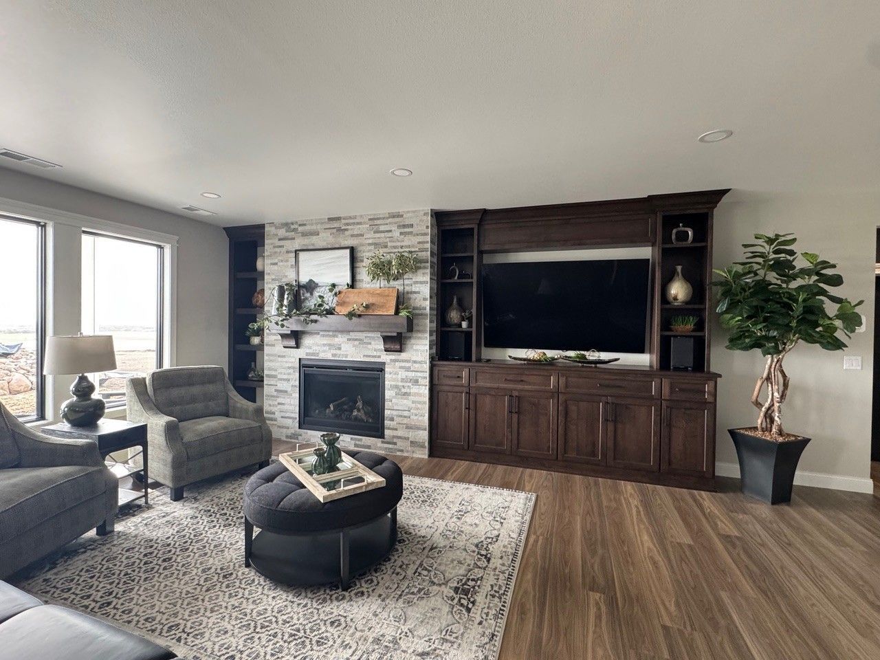 Modern living room with gray seating, fireplace, large TV, wood media cabinet, and potted plant
