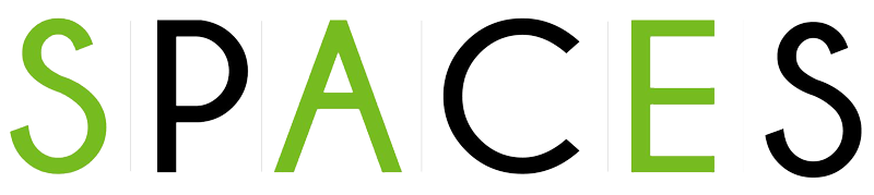 Green and black “SPACES” logo on a white background