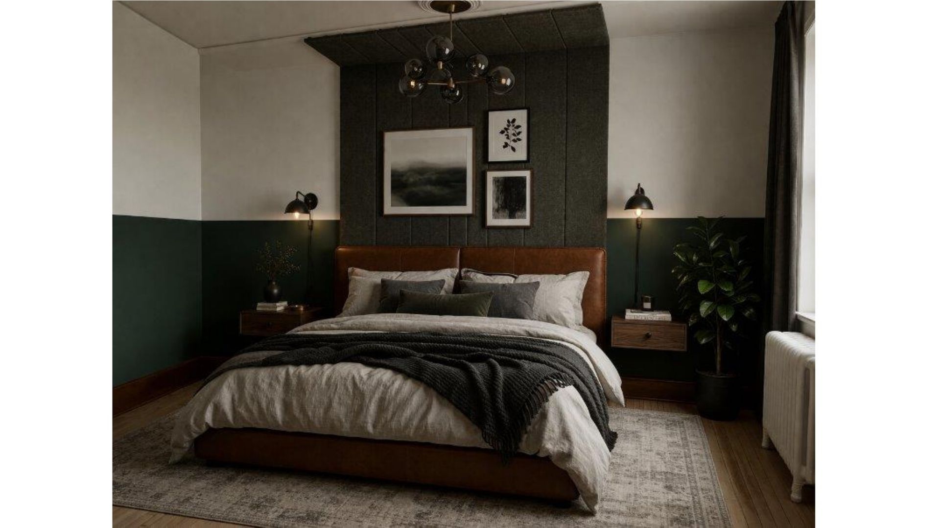 Modern bedroom with a wooden bed, dark green walls, framed art, and soft ambient lighting