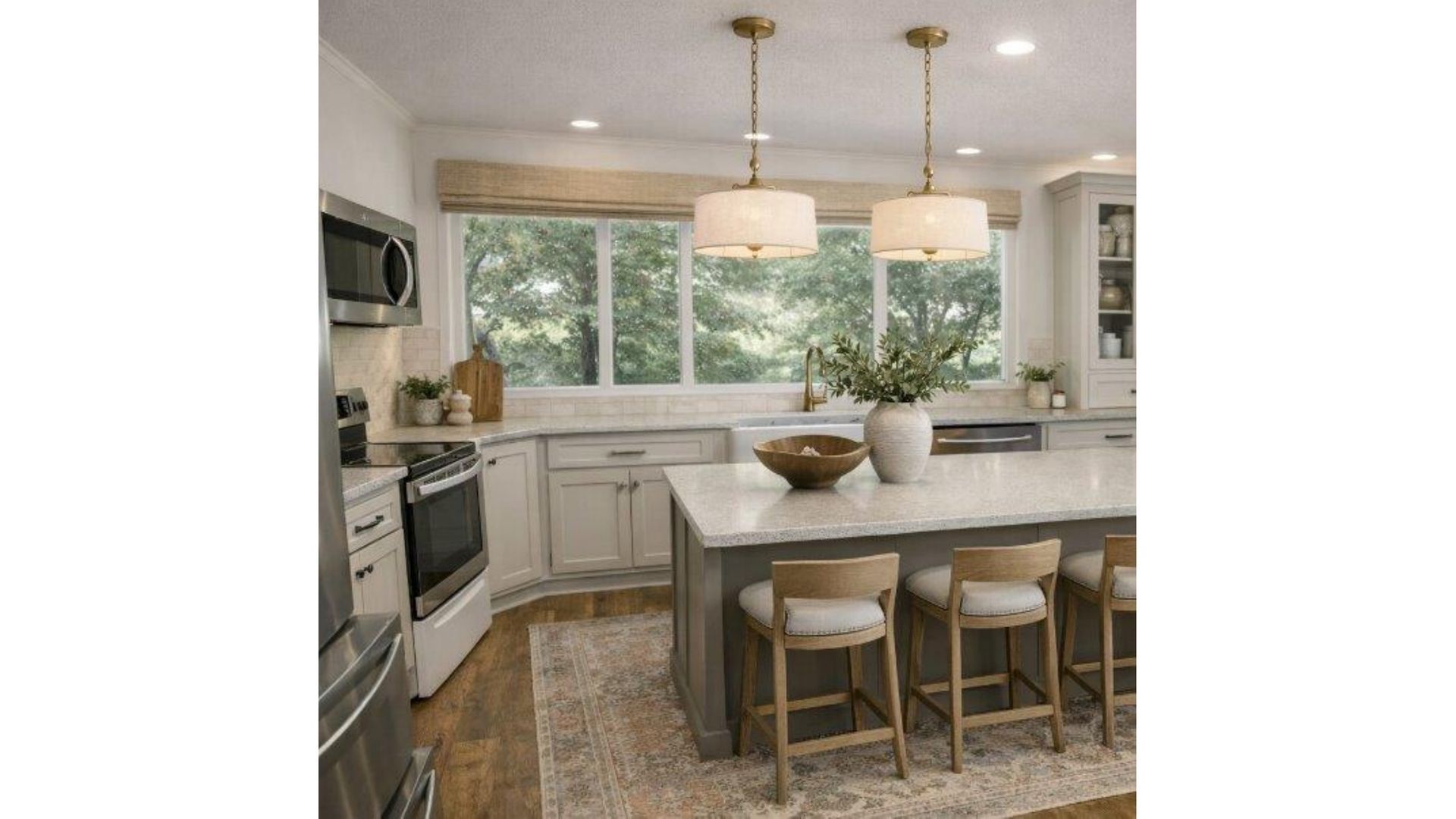 Bright modern kitchen with island, pendant lights, stools, and large window over the sink