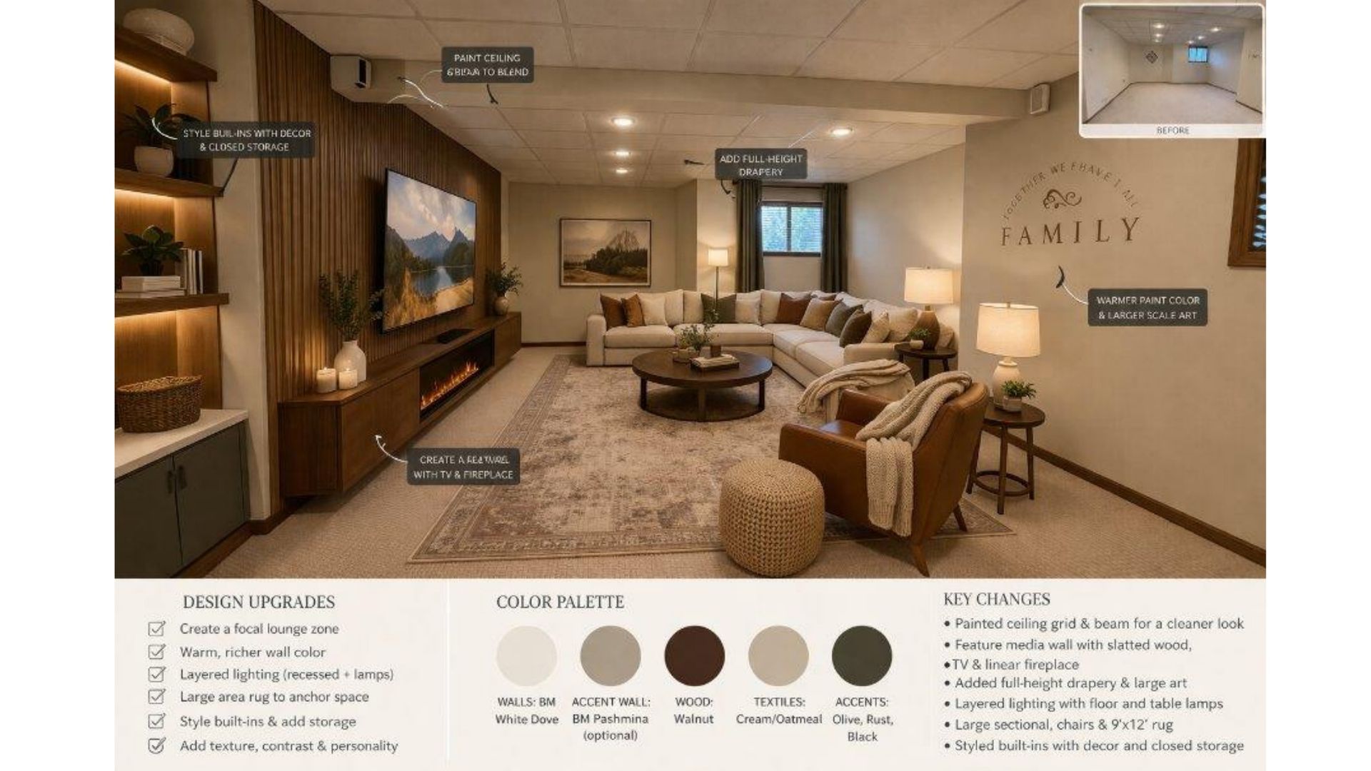 Cozy beige living room with sectional sofa, fireplace, wall art, and a neutral color palette sample strip