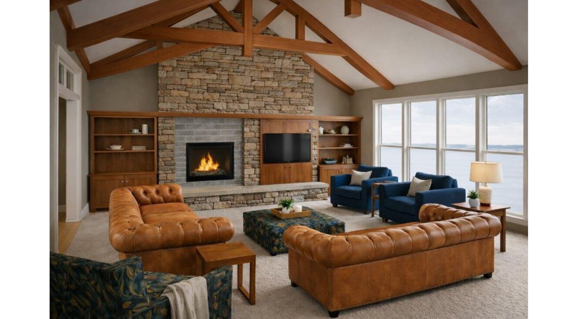Cozy living room with stone fireplace, wood beams, tan leather sofas, blue chairs, and large windows