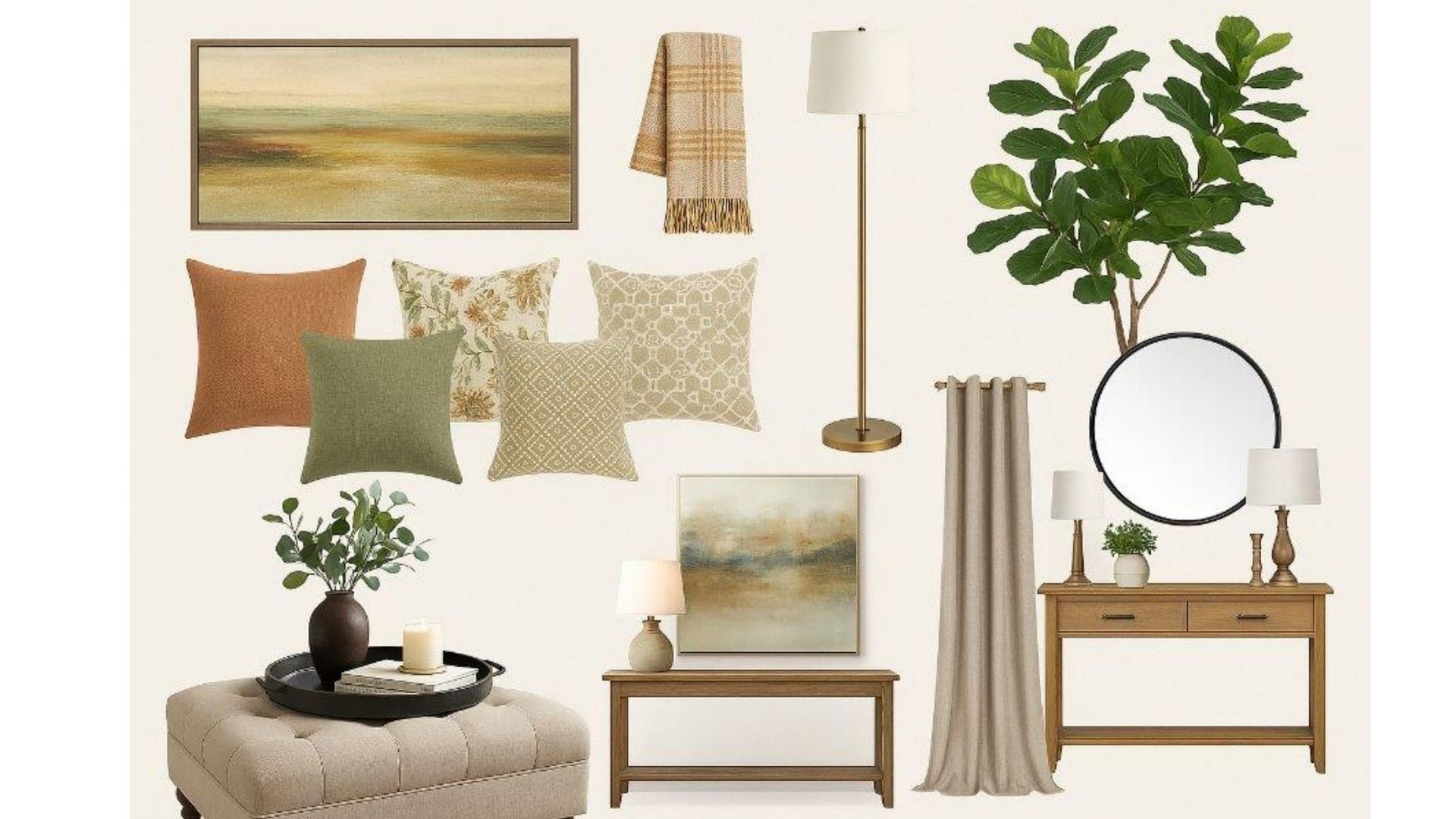 Neutral living room decor mood board with earth tones, art, mirror, lamps, table, and plant.