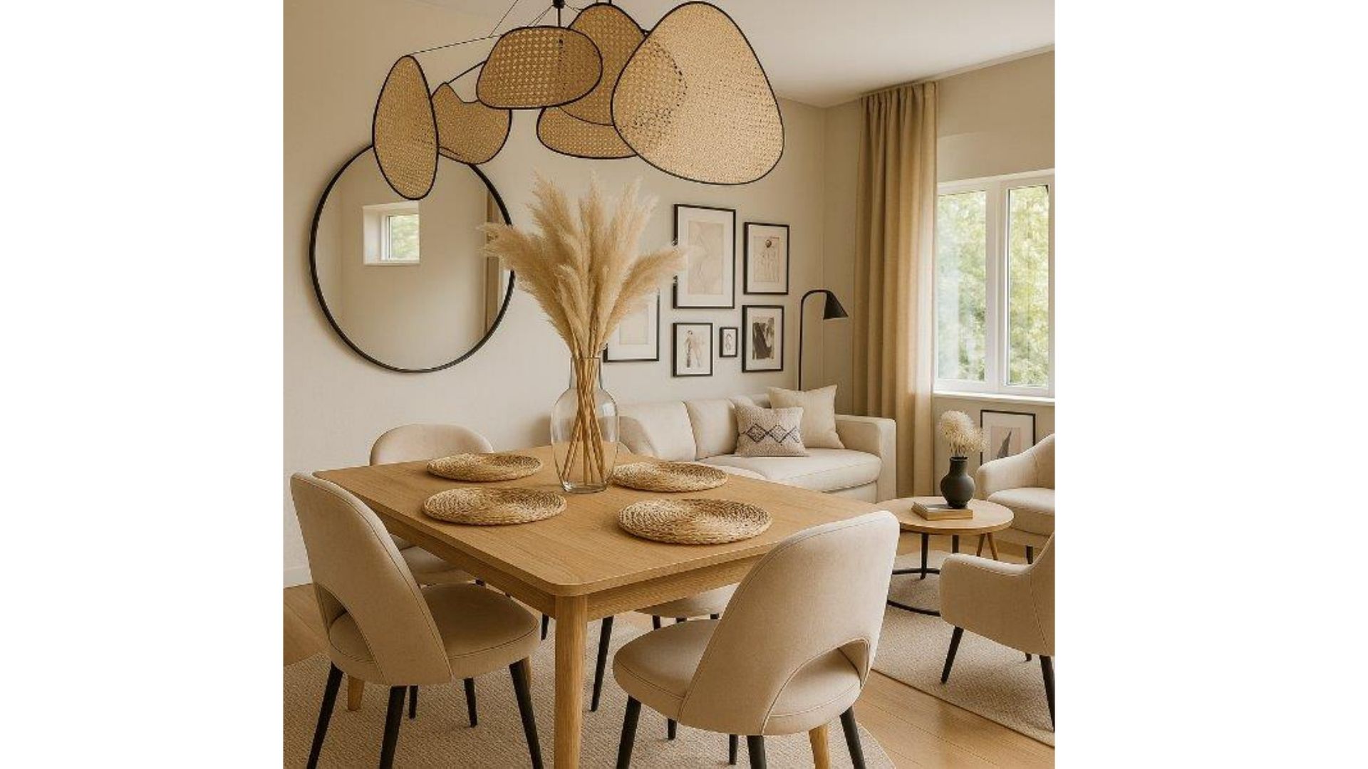 Cozy beige dining room with round wooden table, woven chairs, wall mirror, art, and large window