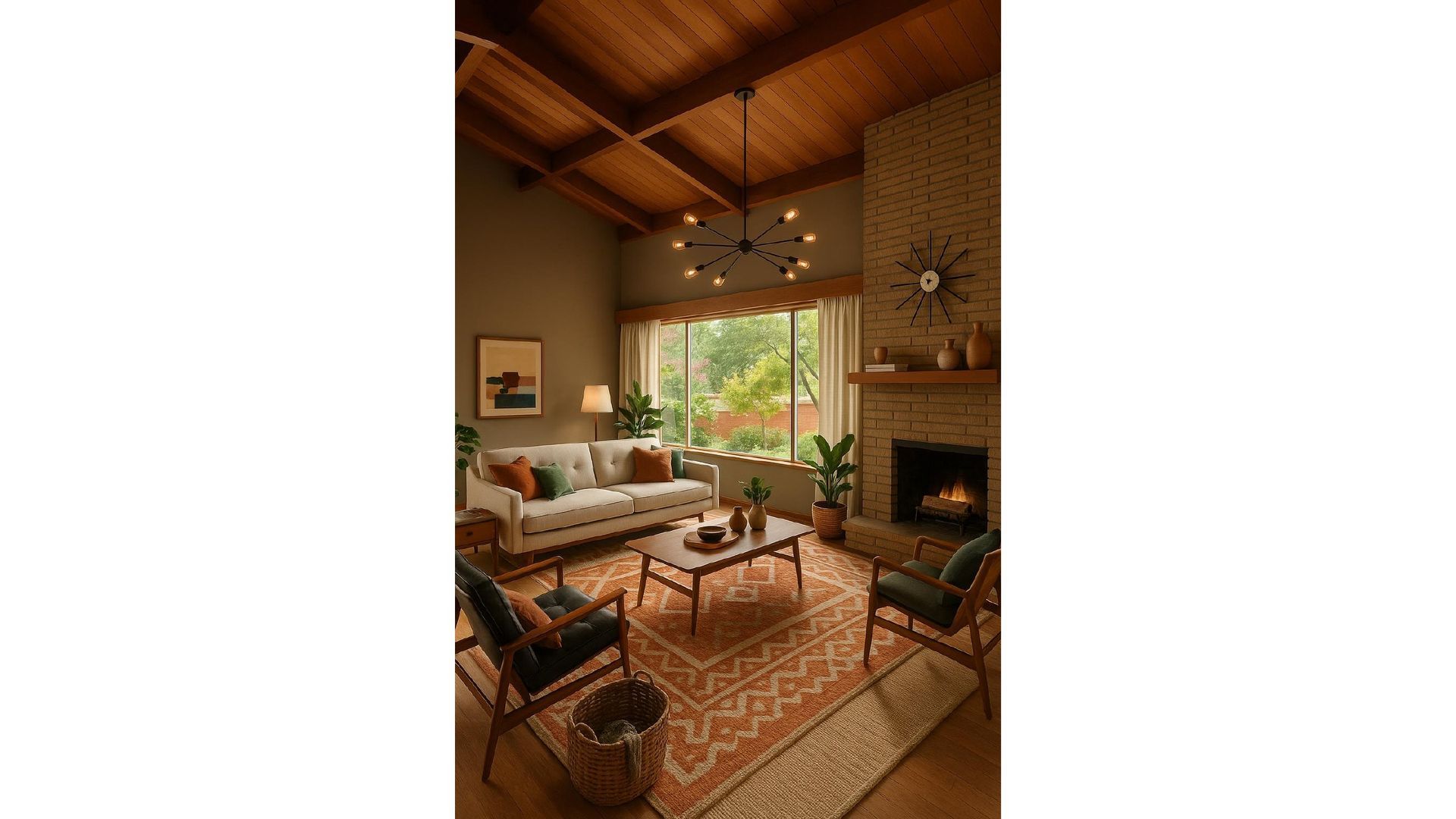 Cozy living room with vaulted wood ceiling, stone fireplace, green chairs, and a large window overlooking trees