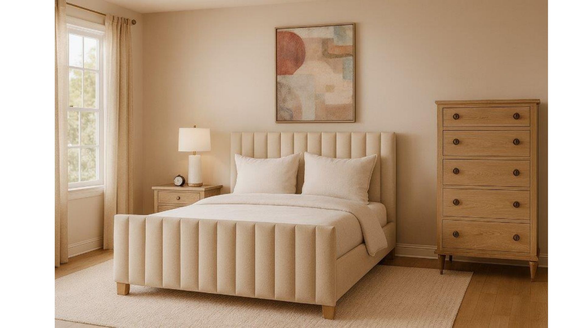Bright bedroom with a beige upholstered bed, nightstand, dresser, lamp, and framed wall art by a window