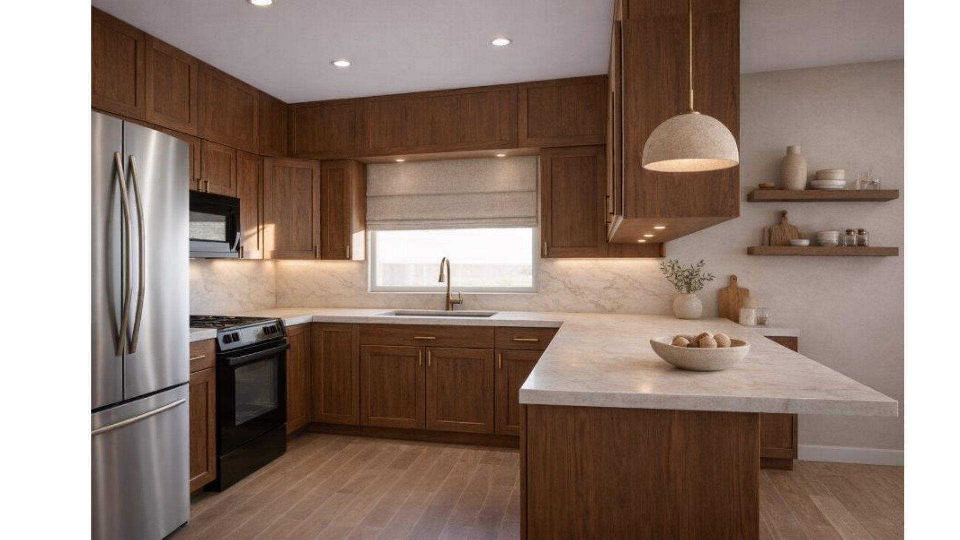 Modern kitchen with wood cabinets, stainless steel fridge, island, and pendant light by a bright window