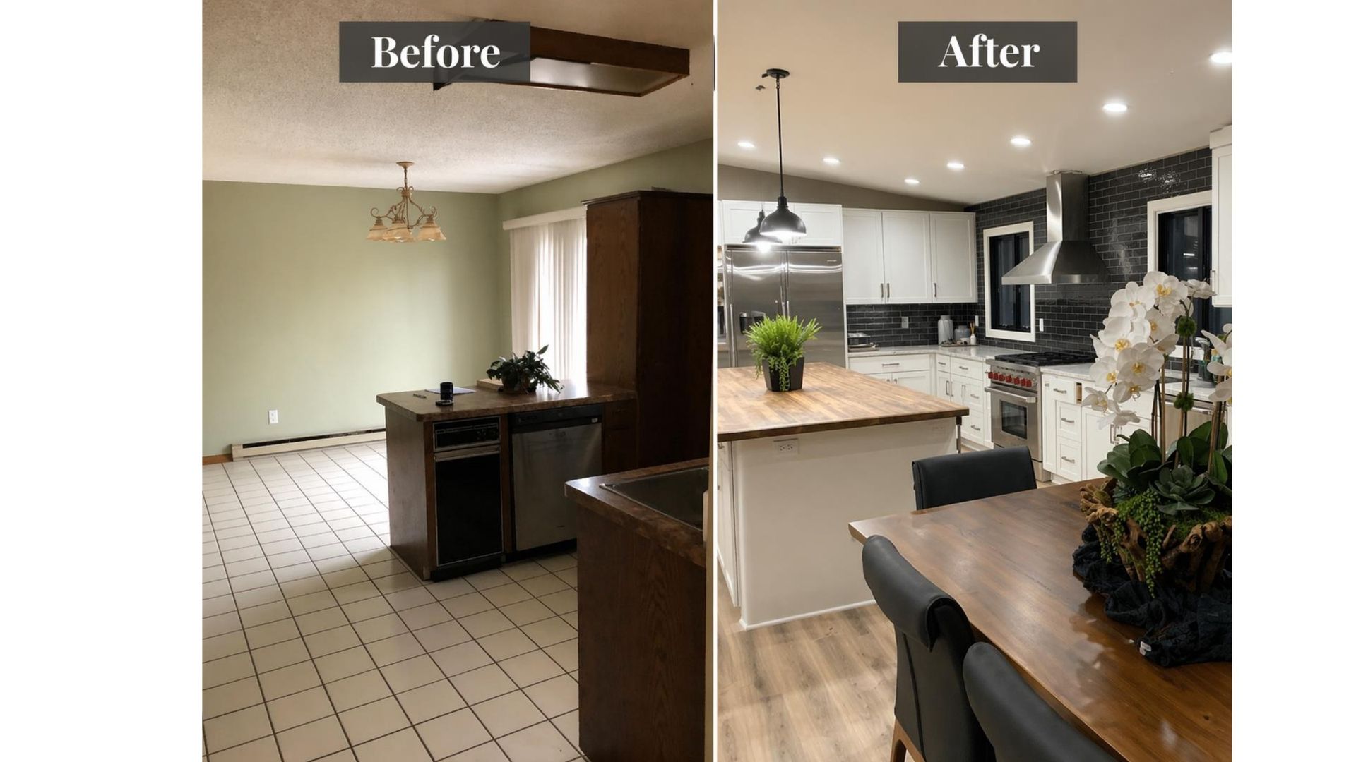 Before-and-after kitchen remodel showing a dated room transformed into a bright, modern kitchen.
