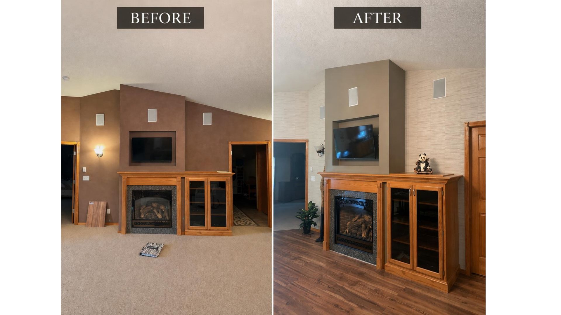 Before-and-after living room fireplace wall with updated dark wood cabinets and flooring