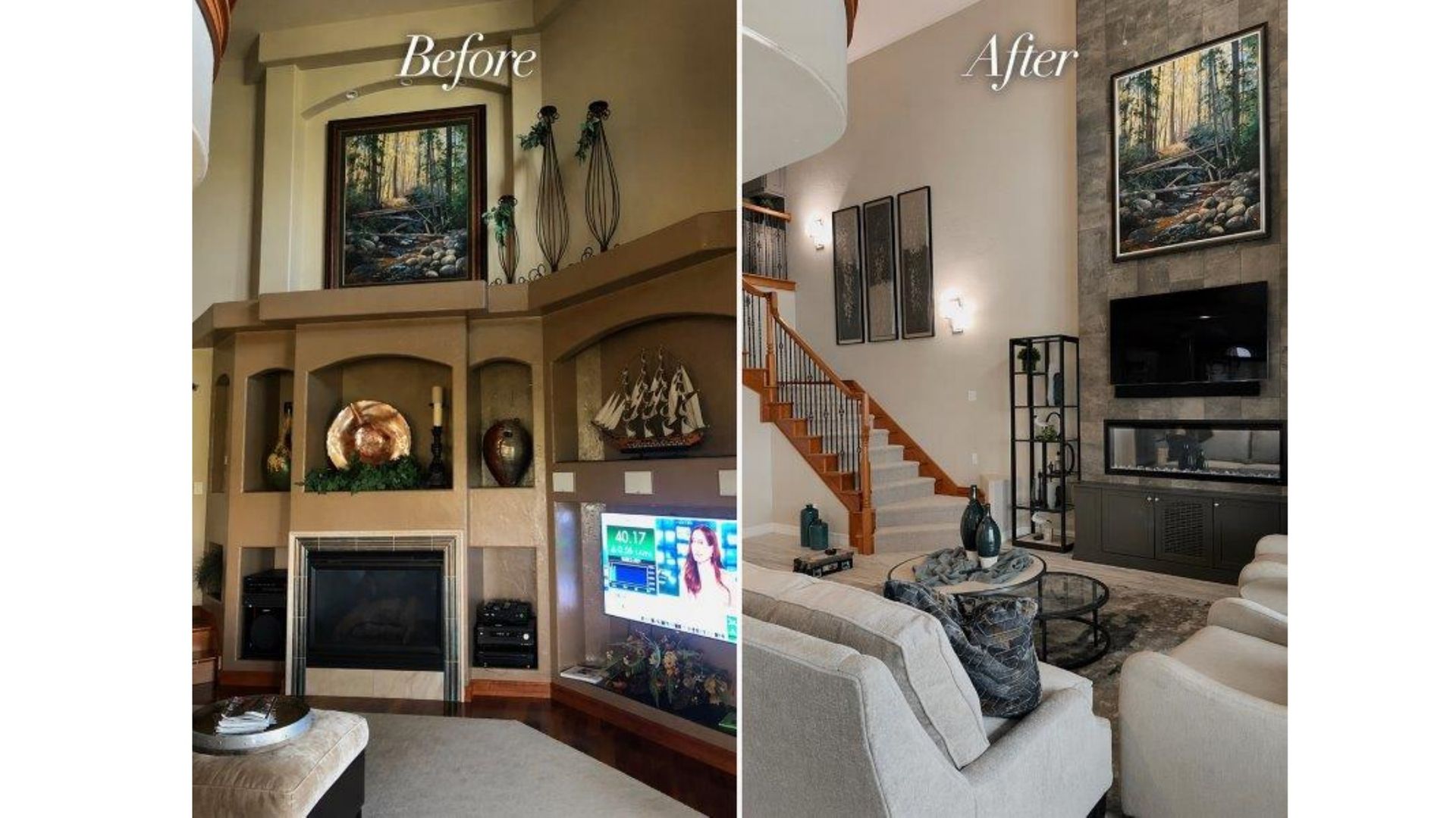 Before-and-after living room: old corner fireplace with TV replaced by a modern staircase wall and built-in screen.
