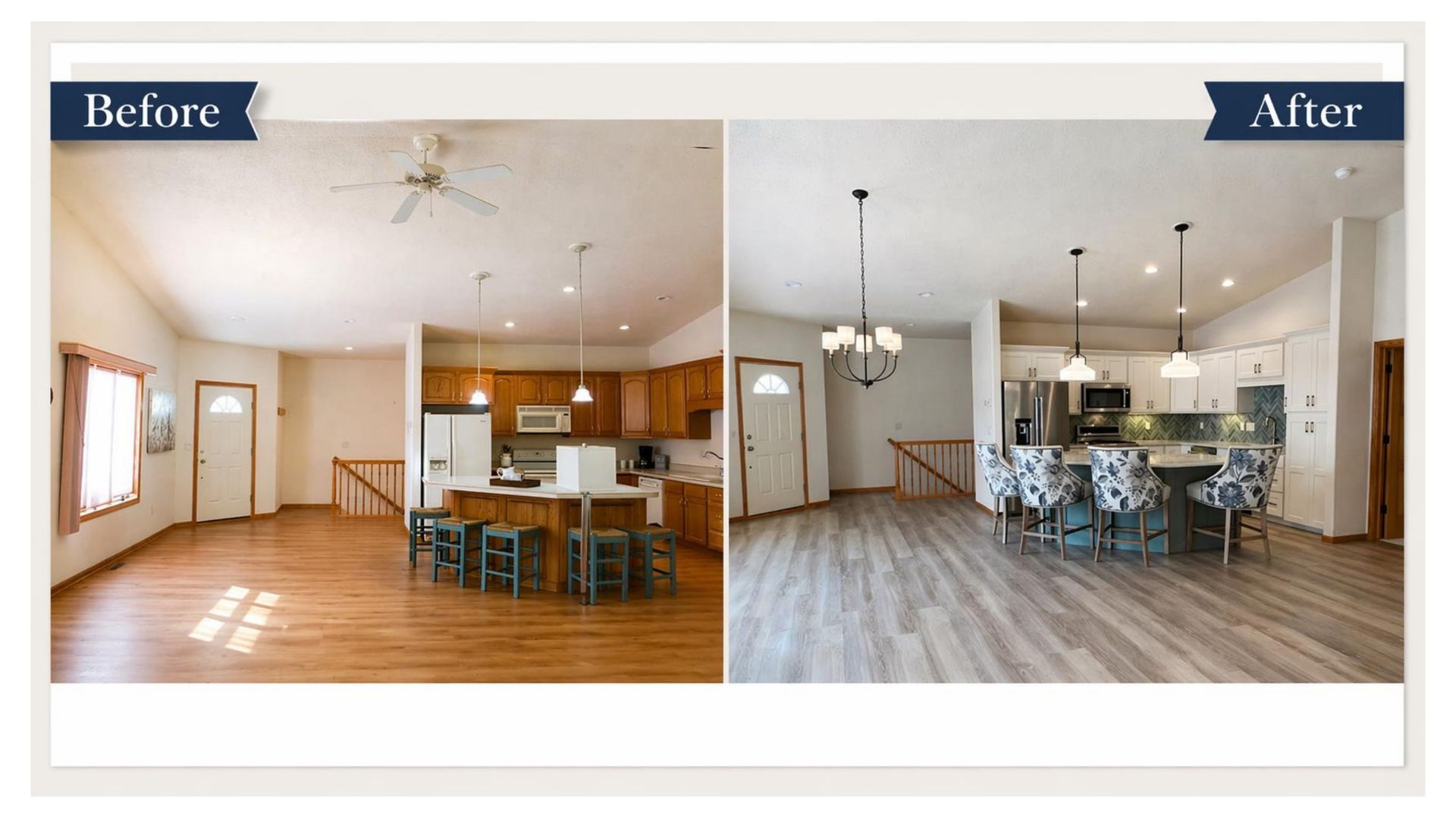 Before-and-after of a kitchen and dining room remodel with new flooring and lighting