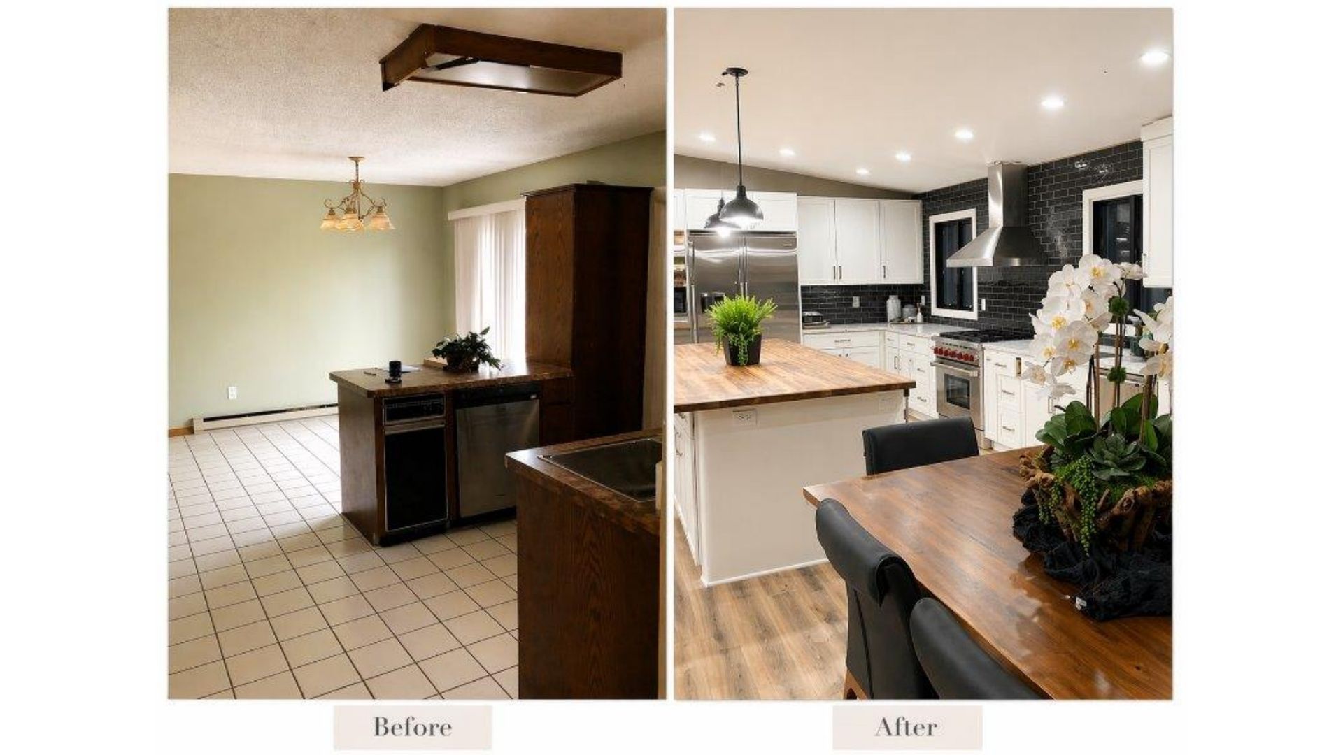 Before-and-after kitchen renovation, showing a dated room transformed into a bright modern kitchen.
