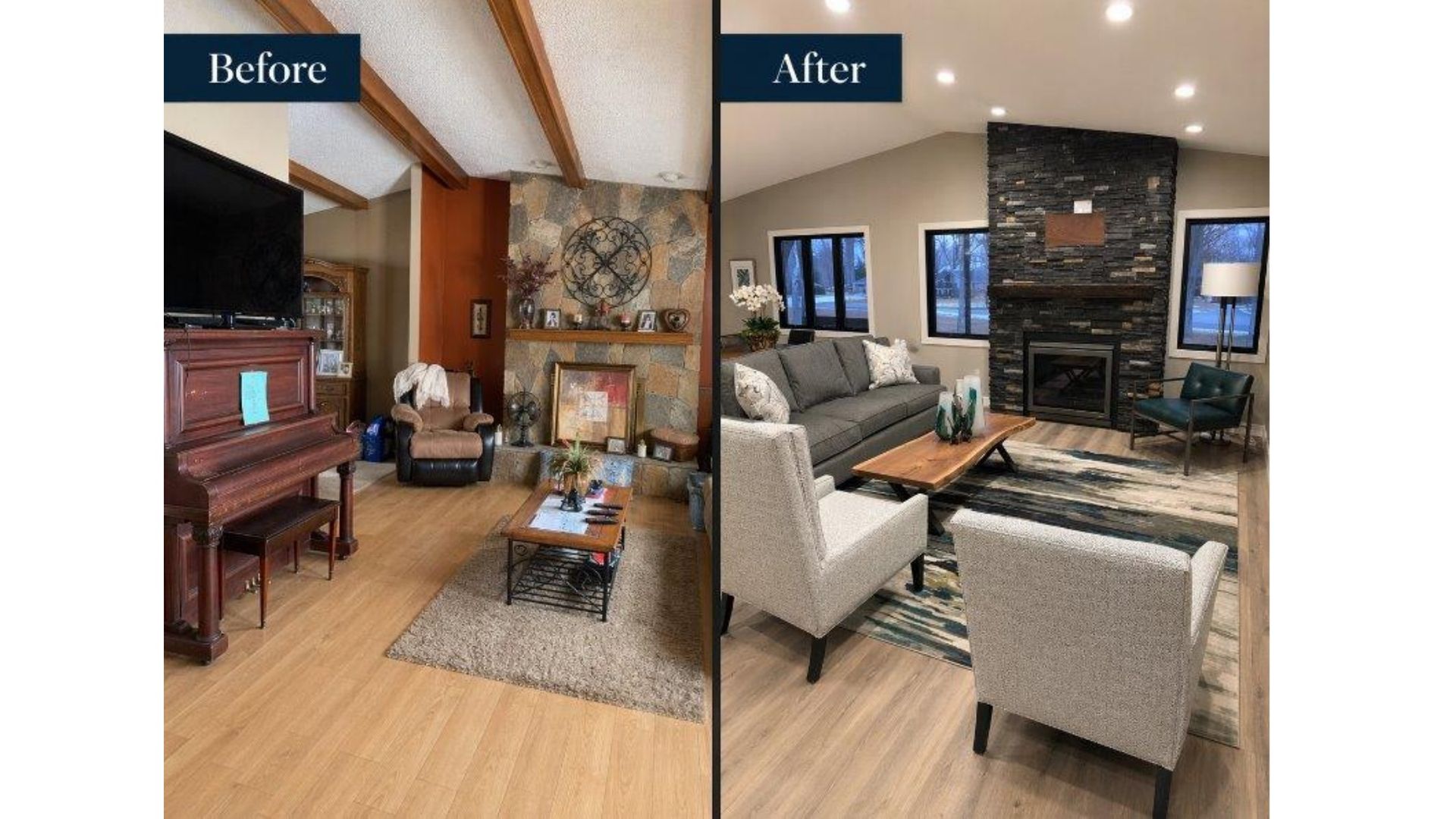 Before-and-after living room renovation: older brown room beside a modern gray fireplace and seating area.
